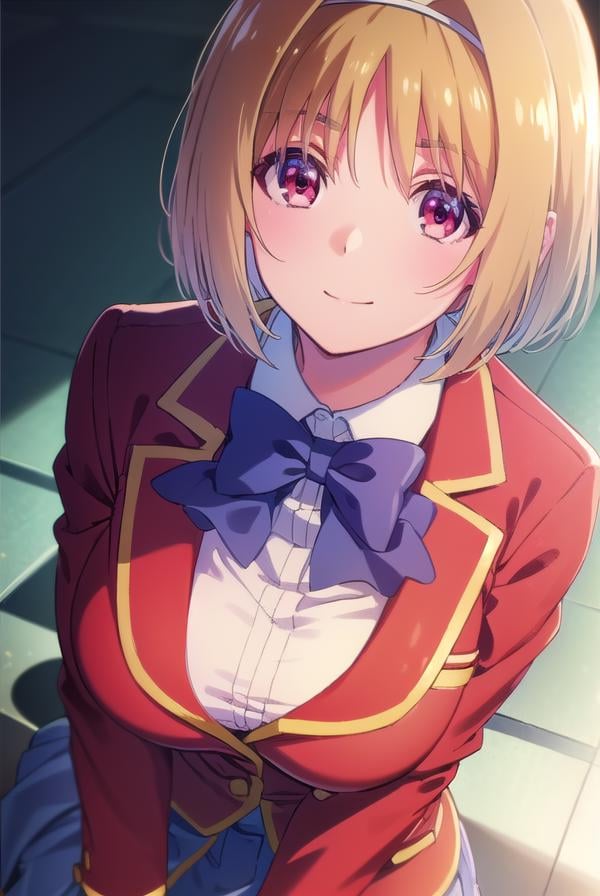 kikyoukushida, <lora:kikyou kushida s2-lora-nochekaiser:1>,kikyou kushida, short hair, blonde hair, (red eyes:1.3), hairband, hair intakes, smile,BREAK shirt, long sleeves, bow, school uniform, jacket, white shirt, bowtie, blue bow, blazer, (red blazer:1.5),BREAK indoors, classroom,BREAK looking at viewer, (cowboy shot:1.5),BREAK <lyco:GoodHands-beta2:1>, (masterpiece:1.2), best quality, high resolution, unity 8k wallpaper, (illustration:0.8), (beautiful detailed eyes:1.6), extremely detailed face, perfect lighting, extremely detailed CG, (perfect hands, perfect anatomy),