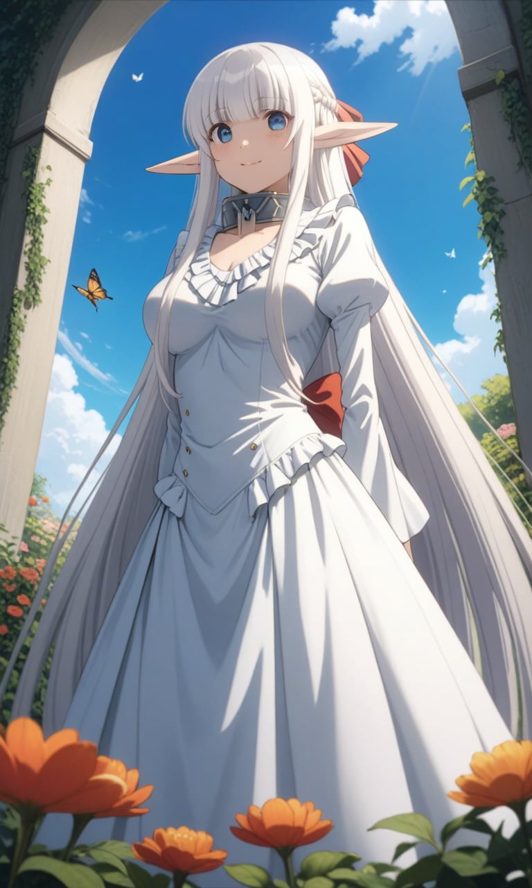 (masterpiece, best quality, very aesthetic, ultra detailed, many details), 1girl, ephiliaxl, pointy ears, blue eyes, long hair, white dress, white hair, elf, long sleeves, collar, frills, blunt bangs, braid, very long hair, wide sleeves, hair ribbon, juliet sleeves, frilled dress, arms behind back, standing, from below, garden, flowers, blue sky, butterfly, smile<lora:EMS-349075-EMS:1.000000>, <lora:EMS-335216-EMS:0.700000>