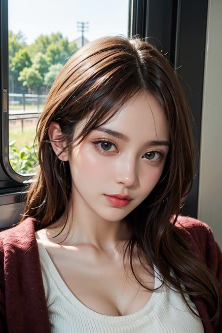 1girl, looking outside, in train, modern, relaxing, intricate details, ((beautiful face)), (((best quality, masterpiece))),(((realistic))), <lora:JapaneseDollLikeness_v15:0.1>,