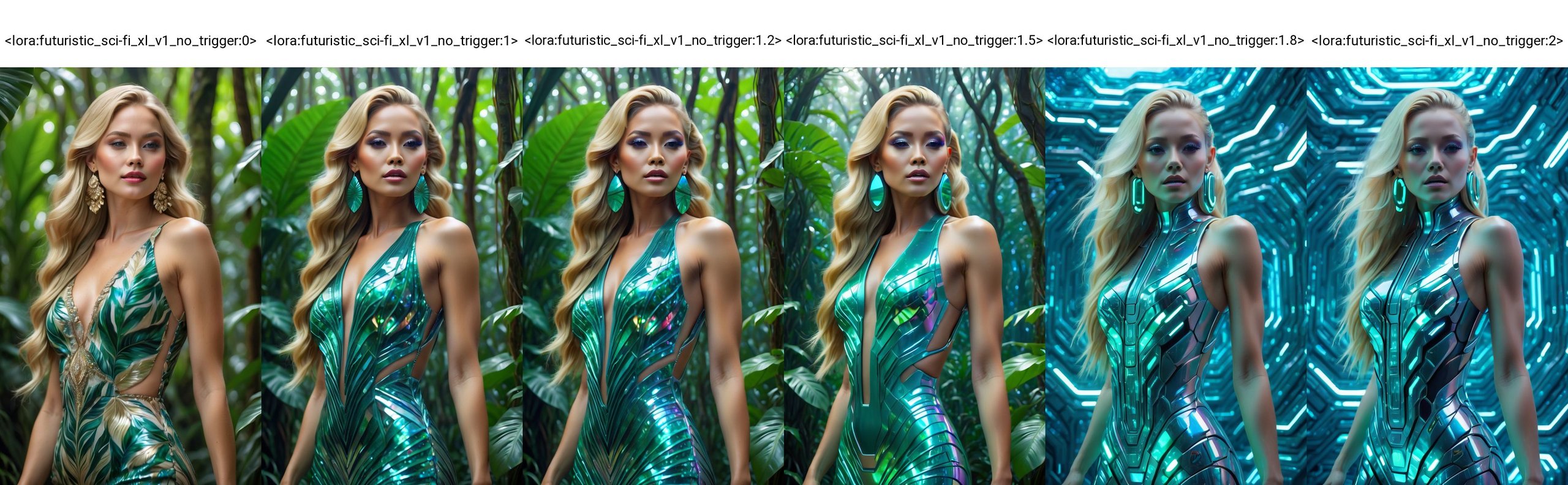 (best quality, 4k, 8k, highres, masterpiece:1.2), ultra-detailed, candid portrait of a beautiful woman, long blonde hair, in a jungle paradise, stunning irridescent dress, intricate earrings<lora:futuristic_sci-fi_xl_v1_no_trigger:0>
