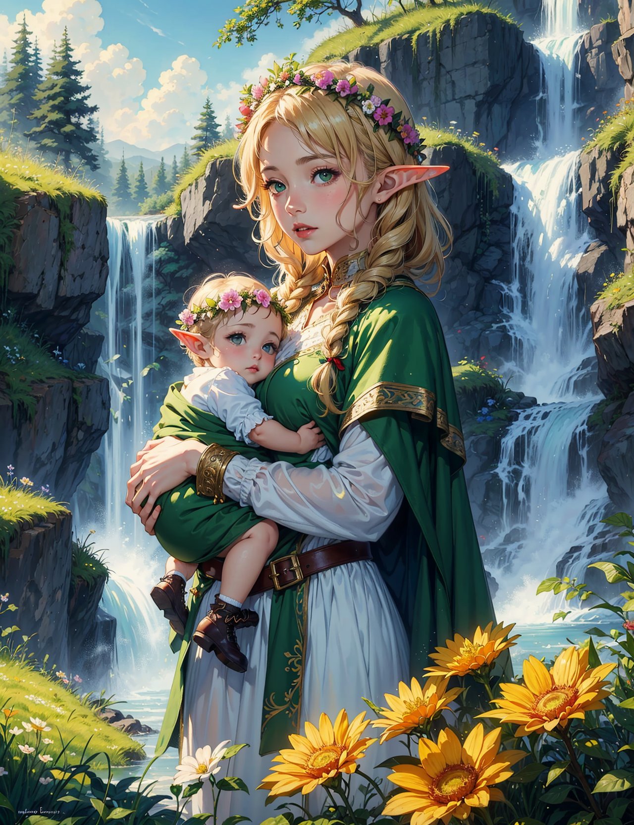 masterpiece, best quality,a detailed ilustration of a female elf druid with a cloak made with grass and flowers, with a baby in arms, short golden hair with a flower crown, bright green eyes, masterpiece, fantasy, delicate, iridescent, waterfall background, 4k, watercolors,intricate details, perfect skin