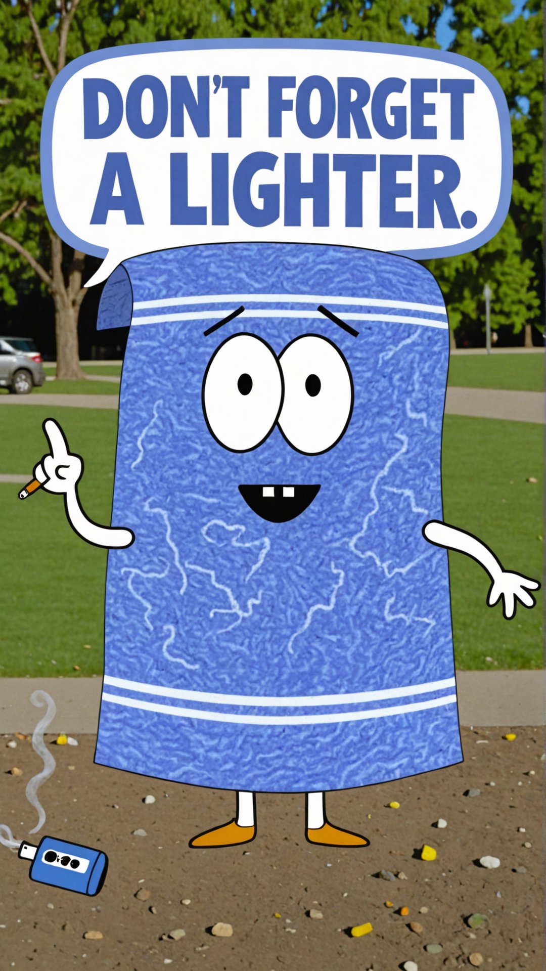 Photo of Towelie smoking weed at the park with a text bubble that says "dont forget a lighter" <lora:Towelie_v420:0.8>