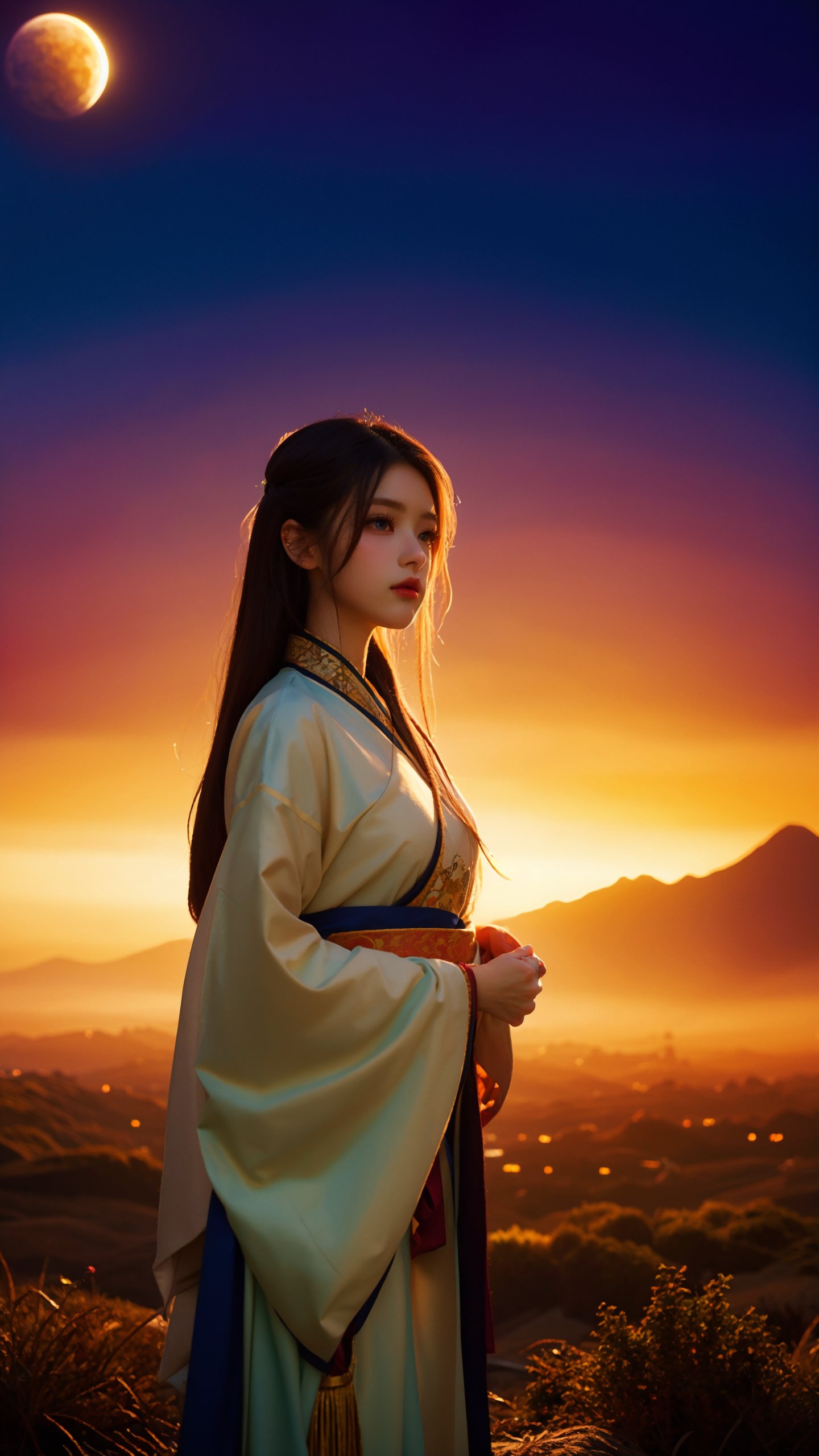 masterpiece, best quality, super wide angle, best fingers, facing viewer, full frontal, magnificent, celestial, ethereal, painterly, epic, majestic, magical, fantasy art, cover art, dreamy, elegant, cinematic, background illuminated, rich deep colors, ambient dramatic atmosphere, creative, perfect, beautiful composition, intricate, detailed1girl, hanfu, 