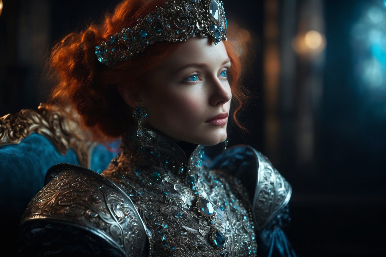 studio photo closeup portrait victorian (woman1-420:1.3) with blue eyes and red hair wearing intricate silver metal crystal medieval armour (sitting inside a castle:1.3), black victorian attire, rembrandt light, zbrush, (black background:1.7), glossy, rtx, reflections, soft light, soft shadows, dramatic lighting, atmospheric, global illumination, unreal, octane, (two tone lighting:1.5), (cyan light:1.4), alphonse mucha, bokeh
