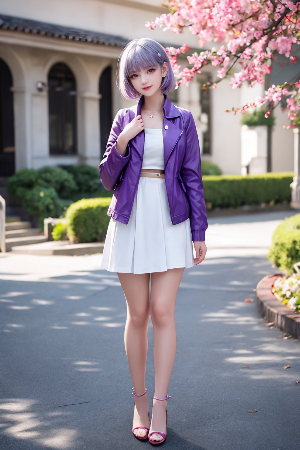 intricate details, beautiful girl, Light purple hair, white skin, red eyes, sharp jawline, cropped jacket, full body, smirk, outdoors,