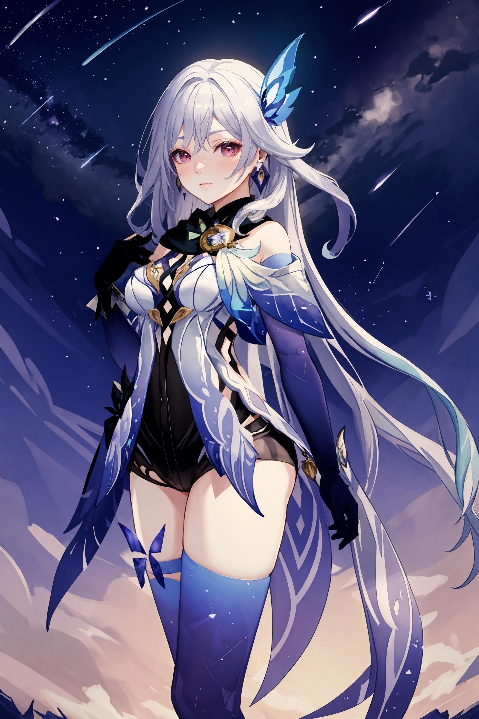 1girl, skirk \(genshin impact\), elbow gloves, earrings, cape, blue thighhighs, black scarf, butterfly hair ornament, armored leotard, looking at viewer, starry sky, shooting star, light smile, cowboy shot, standing, masterpiece
