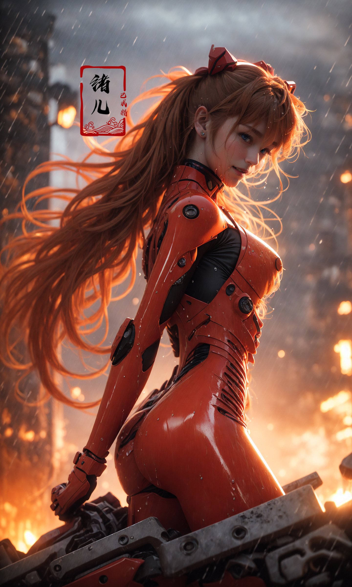 Epic CG masterpiece, Asuka Langley Soryu,hdr,dtm, full ha,8K, ultra detailed graphic tension, dynamic poses, stunning colors, 3D rendering, surrealism, cinematic lighting effects, realism, 00 renderer, super realistic, full - body photos, super vista, super wide Angle, HD(Severe smog:1.1), (It's raining:1.3),Facing the audience,(Raising the weapon in hand:1.1),(messy hair:1.2), (Is attacking the audience with a weapon in hand:1.1), ( wet hair:1.4)，(light anger:1.1), (More halos:1.5), (evil smile:1.1), (red ribbon),(Blood on face:0.8),A shot with tension，(sky glows red,Visual impact,giving the poster a dynamic and visually striking appearance:1.2),<lora:绪儿-明日香Asuka Langley Soryu:0.8>