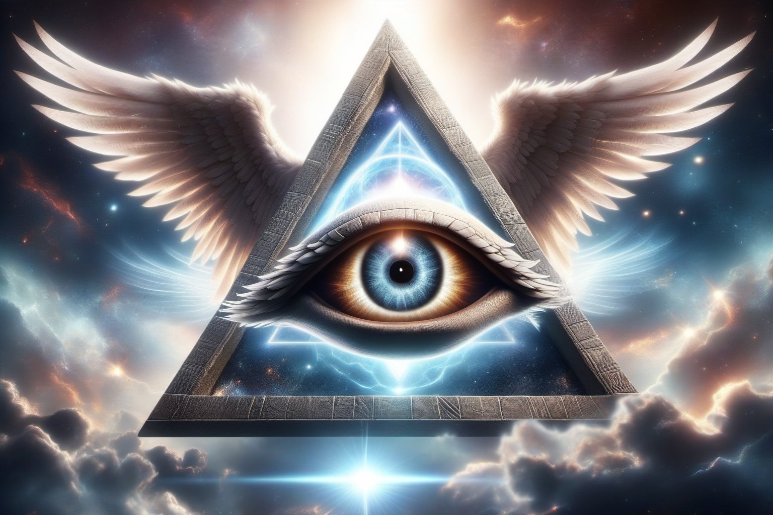 a hyper realistic picture of a illuminati eye in a pyramid form with angel wings, flying in the sky, space backdrop