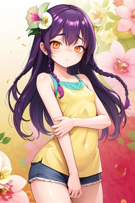 cowboy shot, solo, 1girl, anxious, purple hair, multiple braids, orange eyes, aqua sleeveless shirt, Japhette_Orchid \(flower\), floral background <lora:kanimura_ebio_style_v01:1>