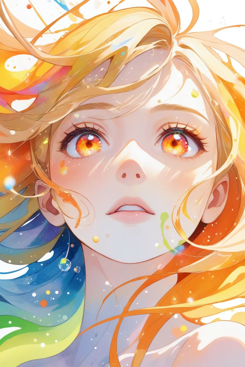 abstract, splash, vibrant, white background, lights, volumetric lighting, rainbow, blonde hair, orange eyes, flowing hair, looking at viewer, looking up, abstract, paint, pastel, watercolor, particles, close up, sparkling eyes