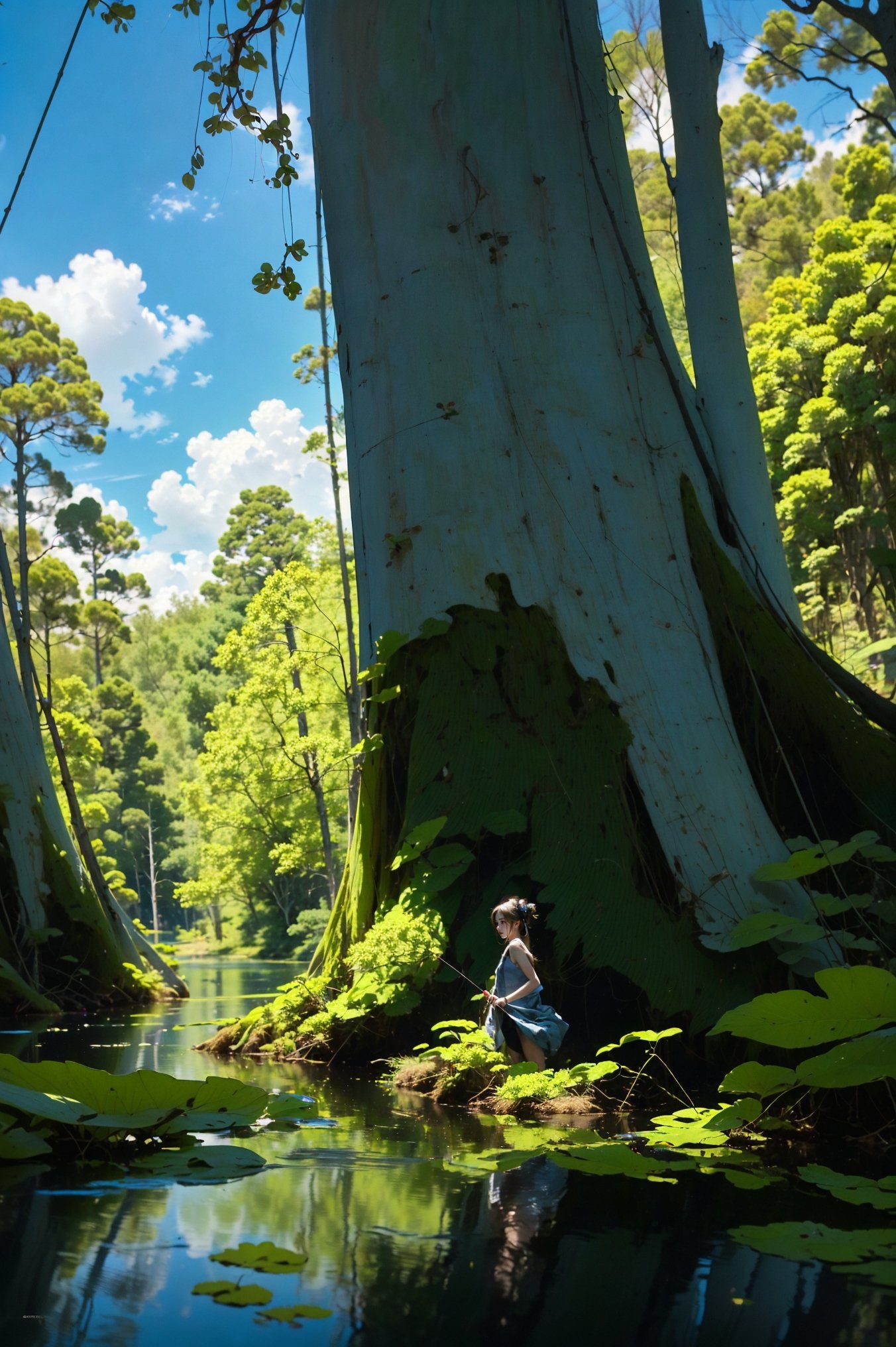 swamp，(wide shot, wide-angle lens,Panoramic:1.2),super vista, super wide Angle，Low Angle shooting, super wide lens, Scenery, (huge trees:1.4)，Dynamic Angle, Perspective, High Point,pov，(dramatic, gritty, intense:1.4),masterpiece, best quality, 8k, insane details, intricate details, hyperdetailed, hyper quality, high detail, ultra detailed,1 girl, animal ears, forest, hunting, confident expression, sharp eyes, long flowing hair, camouflage headband, archery pose, drawing bowstring, quiver of arrows on back, agile movement, cautious footsteps, blending with nature, sunlight filtering through trees, serene atmosphere, birdsong, clear stream, attentive to surroundings, harmonious connection with wildlife，A mature face，sideways glance, (cold attitude,eyeshadow,eyeliner:1.1),(red lips:1.2),watery eyes, jewelry，earrings，bare shoulders，updo, hair bun，dress，flower，hair ornament，necklace，A shot with tension，(sky glows，Visual impact,giving the poster a dynamic and visually striking appearance:1.2),Chinese Zen style,impactful picture,<lora:绪儿-巨树沼泽 swamp:0.8>