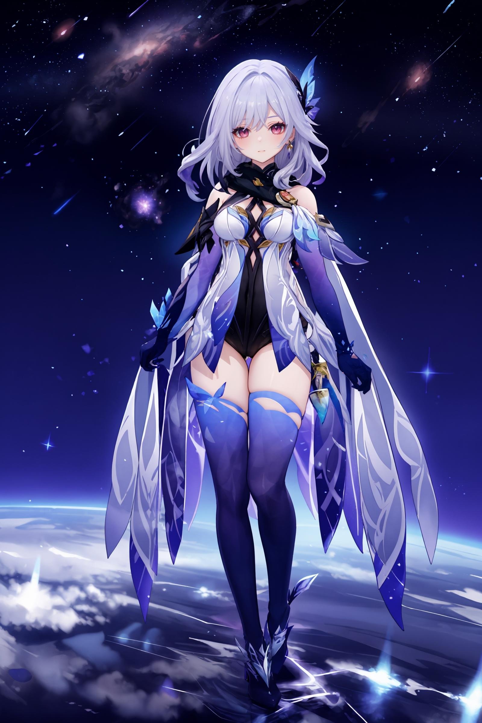 1girl, skirk \(genshin impact\), elbow gloves, earrings, cape, blue thighhighs, high heel boots, black scarf, butterfly hair ornament, armored leotard, full body, looking at viewer, floating, floating hair,  depth of field, space, nebula, starry sky, earth \(planet\), masterpiece