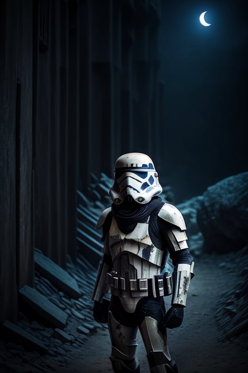 Starwars,  Stormtrooper, solo, 1boy, weapon, male focus,  outdoors, scarf,  armor,  blurry, helmet,  blood,  night,  1other, weapon on back,<lora:EMS-290911-EMS:0.800000>