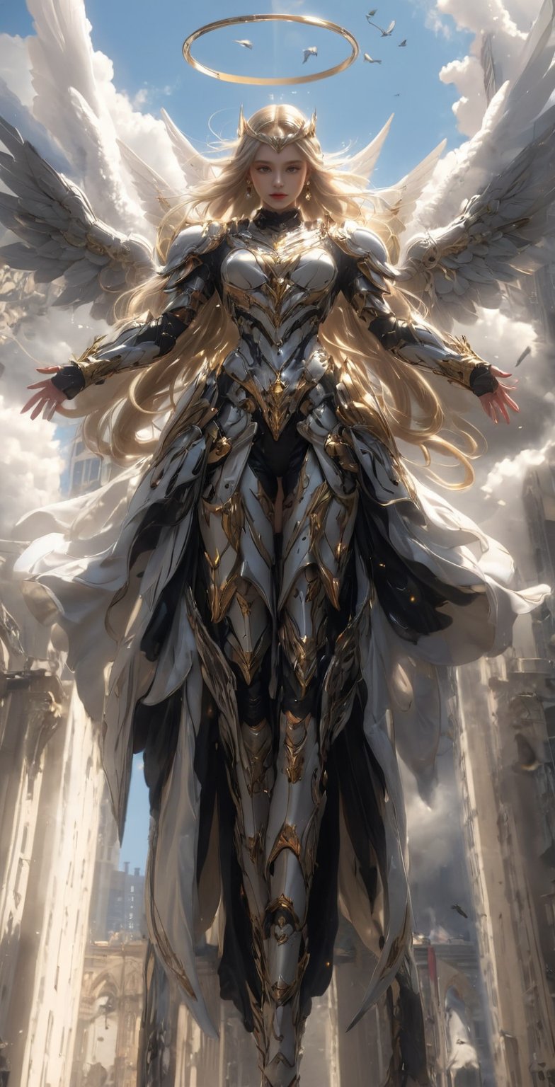 1girl, solo, long hair, blonde hair, outdoors, wings, sky, day, cloud, armor, bird, halo, building, angel wings, city, angel<lora:EMS-368063-EMS:0.800000>, <lora:EMS-371090-EMS:0.600000>