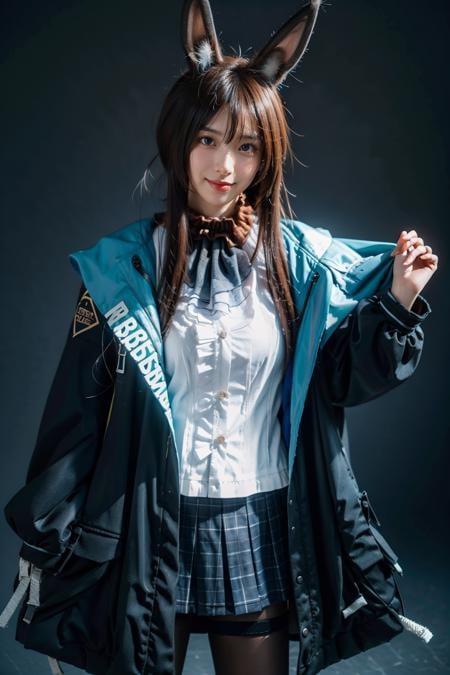 best quality,masterpiece,realistic,photorealistic,1girl,solo,looking at viewer,smile,standing,cowboy shot,amiya cosplay costume,amiya,arknights,cosplay,long hair,brown hair,hair between eyes,rabbit ears,shirt,plaid skirt,pleated skirt,hooded jacket,coat,long sleeves,clothes writing,frilled ascot,anklet,thighlet,multiple rings,pantyhose,black pantyhose,simple grey background,<lora:Arknights_Amiya_cosplay_v1:0.7>,<lora:_face_8:1>,
