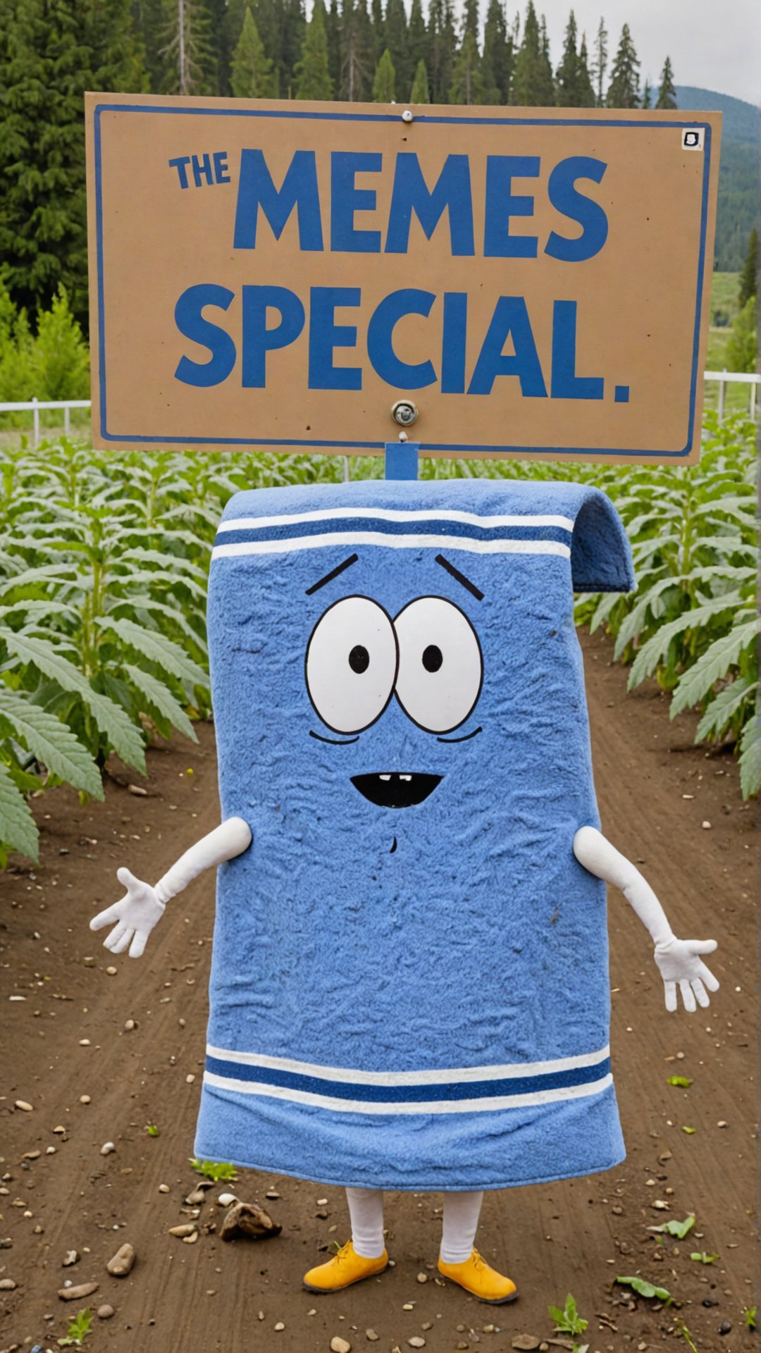Photo of Towelie at weed farm with a sign that says "Memes XL Special" <lora:Towelie_v420:0.8>