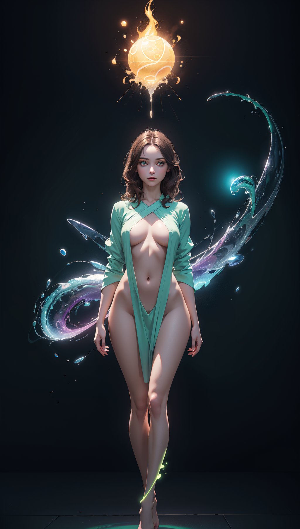 Detailed background,(dungeon with spirits flying about),particles,(style-swirlmagic:0.9),floating particles,glowing orb,masterpiece,(realistic,photo-realistic:1.37),22 year old woman,brown flowing hair,(green glowing eyes),beautiful face,perfect illumination,looking at viewer,(wearing sorcerer robes)(body illumination:1.5),((full body shot,standing)),