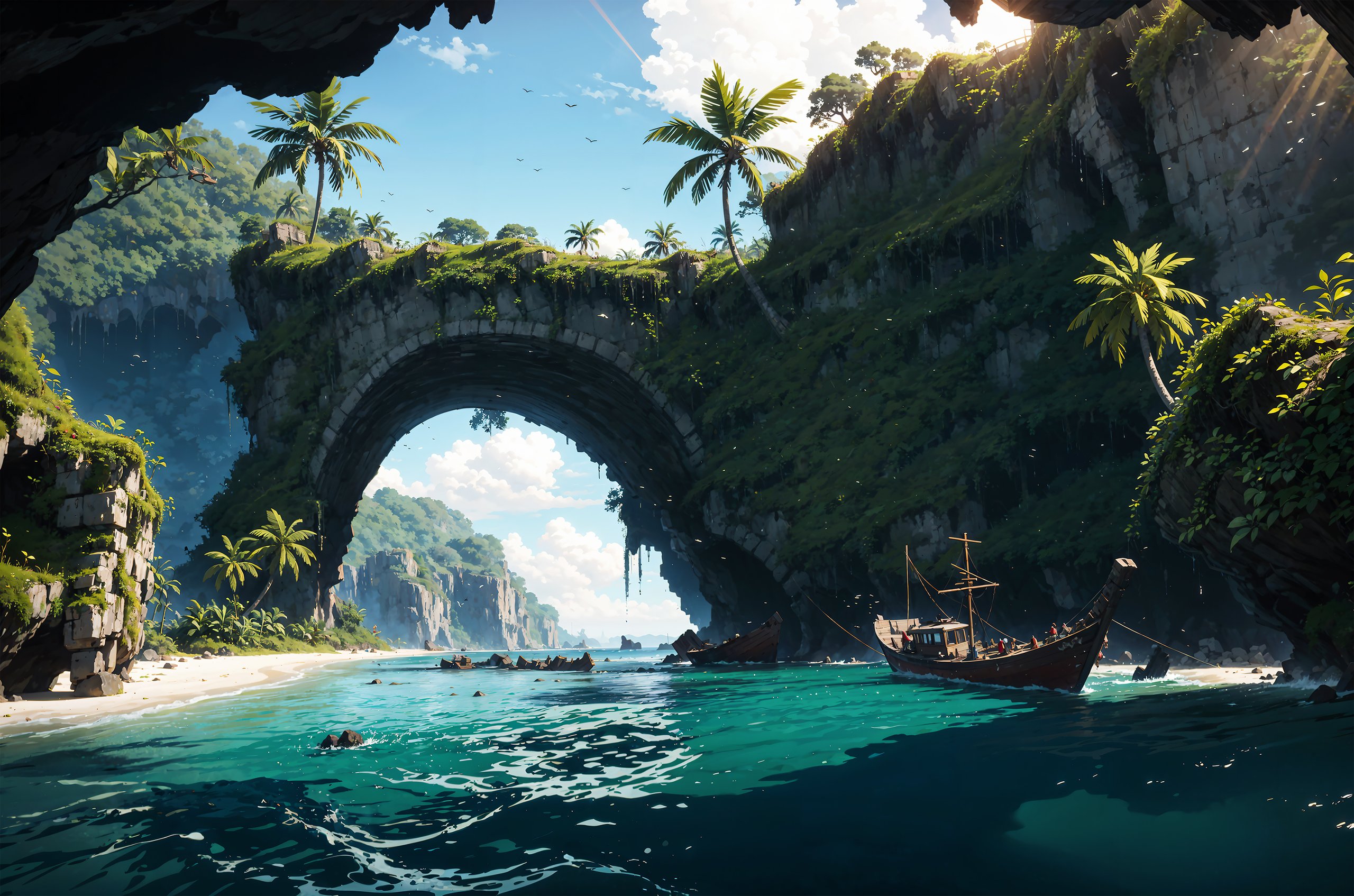 best quality,8k,hd,ultra realistic, fantasy jungle island,distant vulcano, golden beaches, sharp reef,cliffy shores, shipwreck, the thick dense jungle canopy hides an ancient temples, a mysterious costal cave, a hornets nest of epic proportions can be seen hanging under a old bridge
