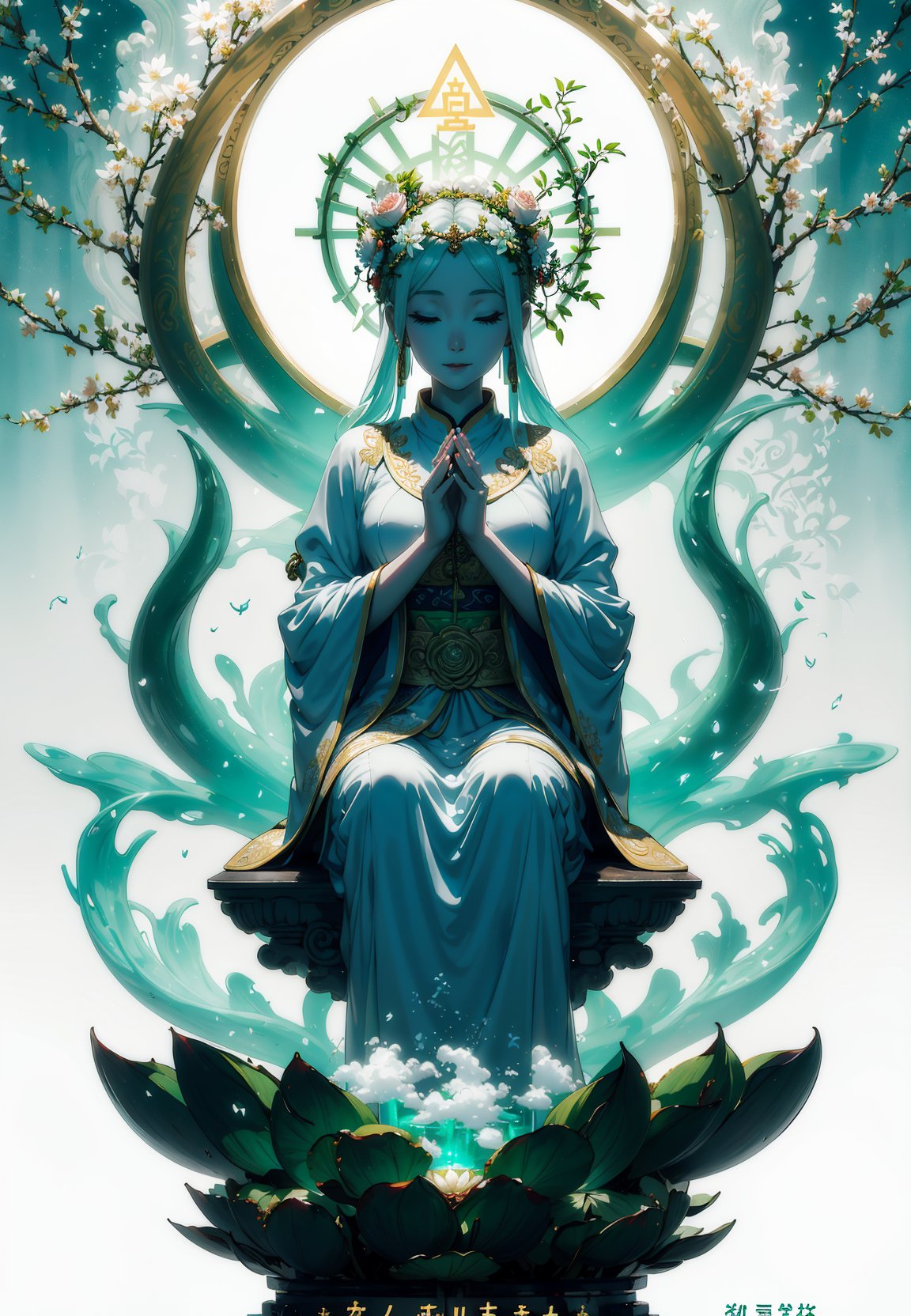 dreamy, serene, white and green:1.2),(full body, sitting, Guanyin with jade bottle:1.1),(praying hands),(blessing),(smiling),(compassionate),(lotus throne, floating, below Guanyin:1.2),(lotus flowers, branches),(dry ice, fog, below:1.1),(from front),(medium shot),As she sits on a floating lotus throne, Guanyin holds a jade bottle and makes a praying gesture. She smiles and blesses the world with her compassion. Behind her, lotus flowers and branches surround her, creating a natural and peaceful backdrop. Below her, dry ice forms a fog that adds to the dreamy atmosphere. The main colors are white and green, creating a pure and harmonious mood.(magazine:1.3), (cover-style:1.3), fashionable, woman, vibrant, outfit, posing, front, colorful, dynamic, background, elements, confident, expression, holding, statement, accessory, majestic, coiled, around, touch, scene, text, cover, bold, attention-grabbing, title, stylish, font, catchy, headline, larger, striking, modern, trendy, focus, fashion,, baisixuegao,white pantyhose,, masterpiece, best quality, lens flare, depth of field, motion blur, (backlighting, Backlight:1.1),  grating,raster,(Light through hair:1.2),from side,