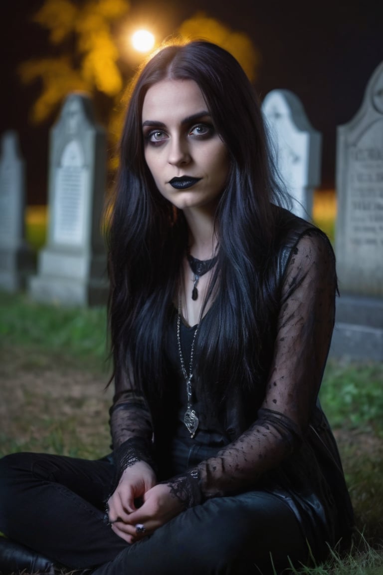 eyes shoot, a stunning young gothic girl sitting in the graveyard, hyper-realistic, photographic portrait, bokeh at night