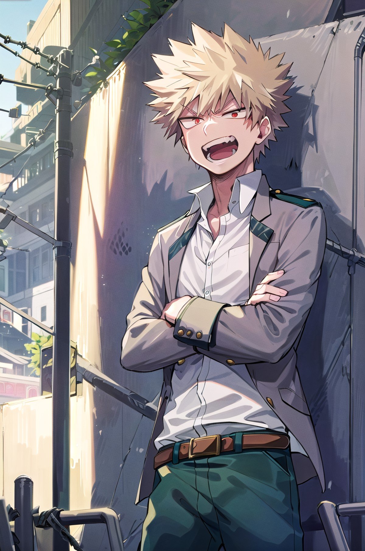 ((masterpiece,best quality, detailed)), 1boy, male focus, outdoors, building, tree, chain fence, day,bakugou katsuki, school uniform, belt, white shirt, grey jacket, green pants, against wall, angry, open mouth, crossed arms