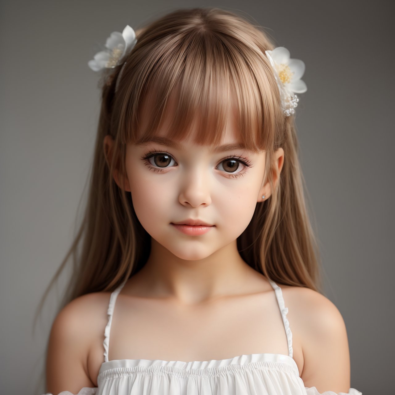 SFW, (masterpiece:1.3), view from below, portrait of cute (AIDA_LoRA_AnC:1.04) <lora:AIDA_LoRA_AnC:0.66> posing for a picture on gray background, blurry gray background, little girl, pretty face, beautiful child, white dress, intimate, dramatic, insane level of details, studio photo, kkw-ph1