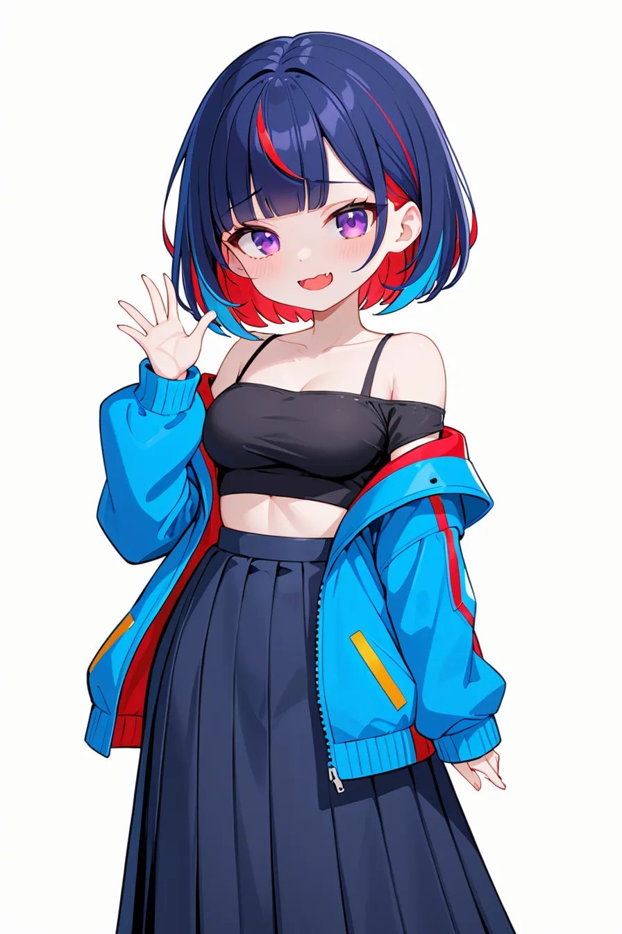 1girl, solo, masterpiece, best quality, chibi, simple background, :d, :o, blue hair, blue jacket, blunt bangs, bob cut, collarbone, colored inner hair, hand up, jacket, long hair, long skirt, monster girl, multicolored hair, off shoulder, pale skin, purple eyes, red hair, skirt, smile, standing, two-tone hair, wavy mouth, white background