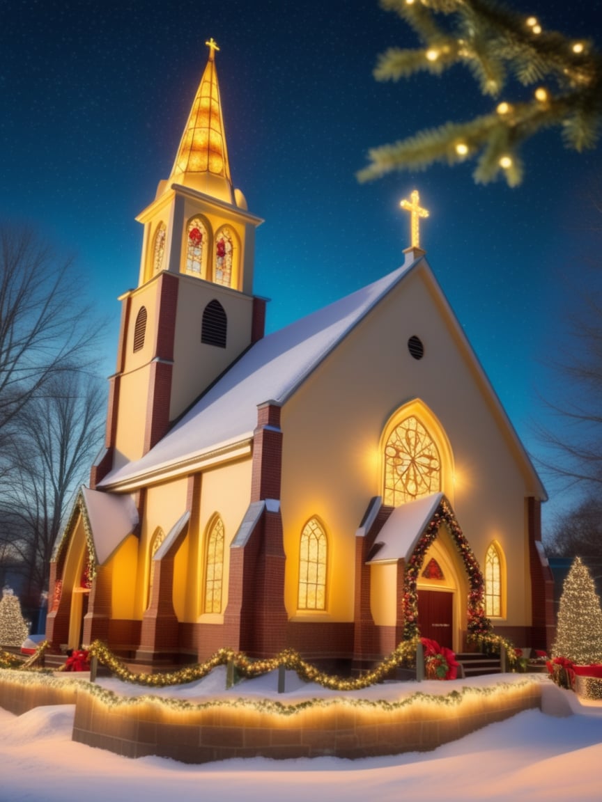 A church is decorated for Christmas, with lights and ornaments twinkling in the windows.,realistic,best quality,