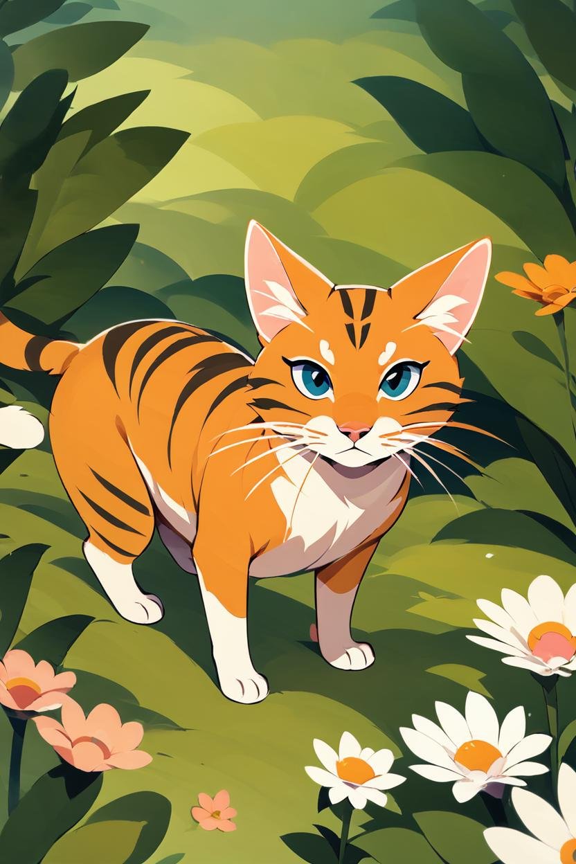 score_9, score_8_up, score_8,  solo, looking at viewer, full body, flower, outdoors, no humans, animal, orange cat, grass, plant, white flower, animal focus, whiskers,   <lora:FlatAnimeP1:1.1>,
