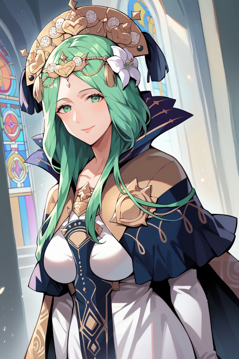 score_9, score_8_up, score_7_up, score_6_up, source_anime, BREAK 1girl, mature female <lora:rhea-pdxl-nvwls-v1-000006:1> defrhea, green hair, gold headdress, hair flower, blue cape, gold-trimmed cape, white dress, tabard, long dress, white sleeves, large breasts, smile, cathedral, stained glass, looking at viewer, serene smile, upper body