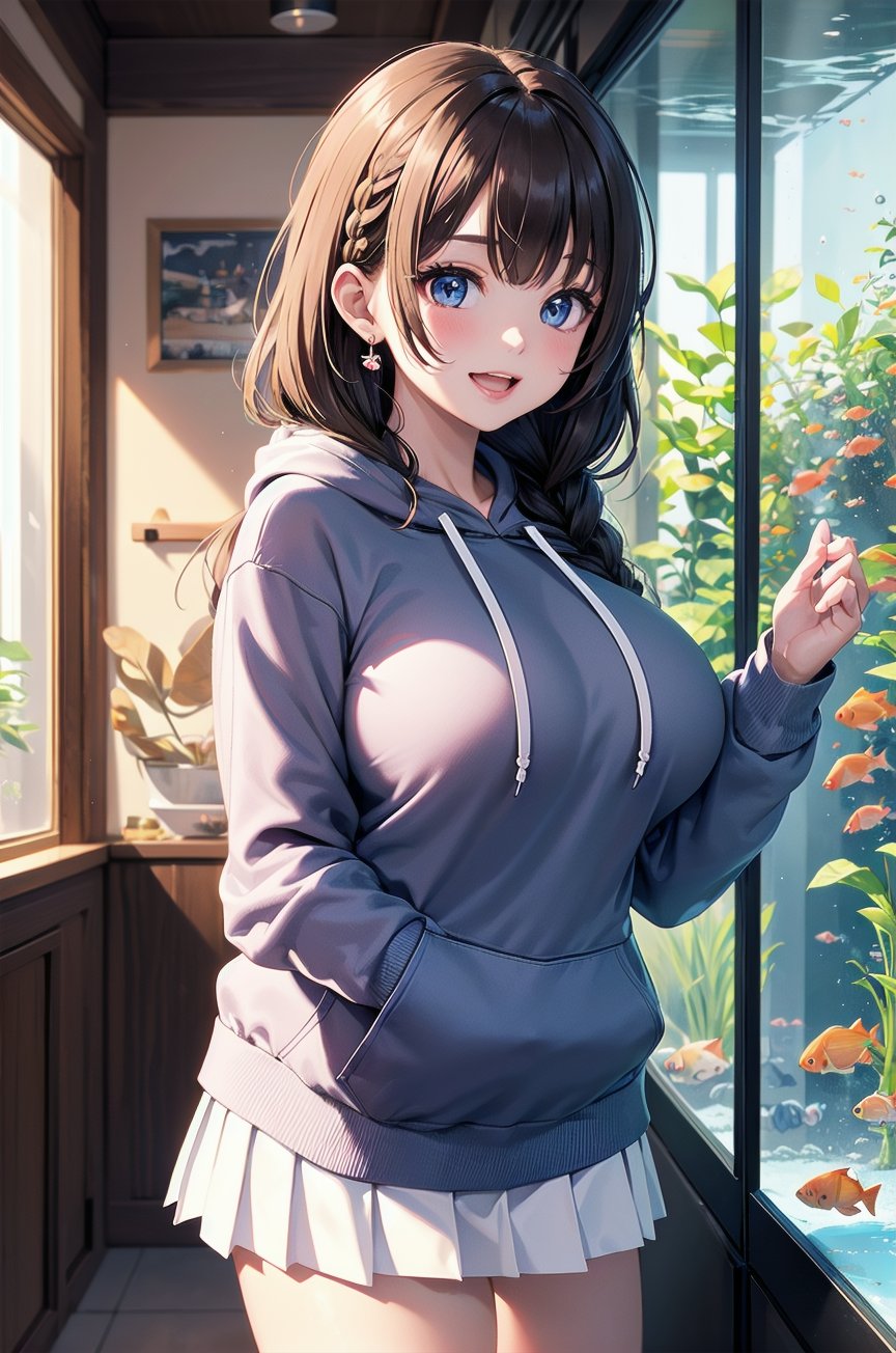 1girl,braids,((white),(hoodie)),(mini pleated skirt),huge breasts,happy,heart,aquarium,32K,16K,4K,8K,best quality,masterpiece,ultra high res,professional lighting,physically-based rendering,(beautiful background illustration),available light,