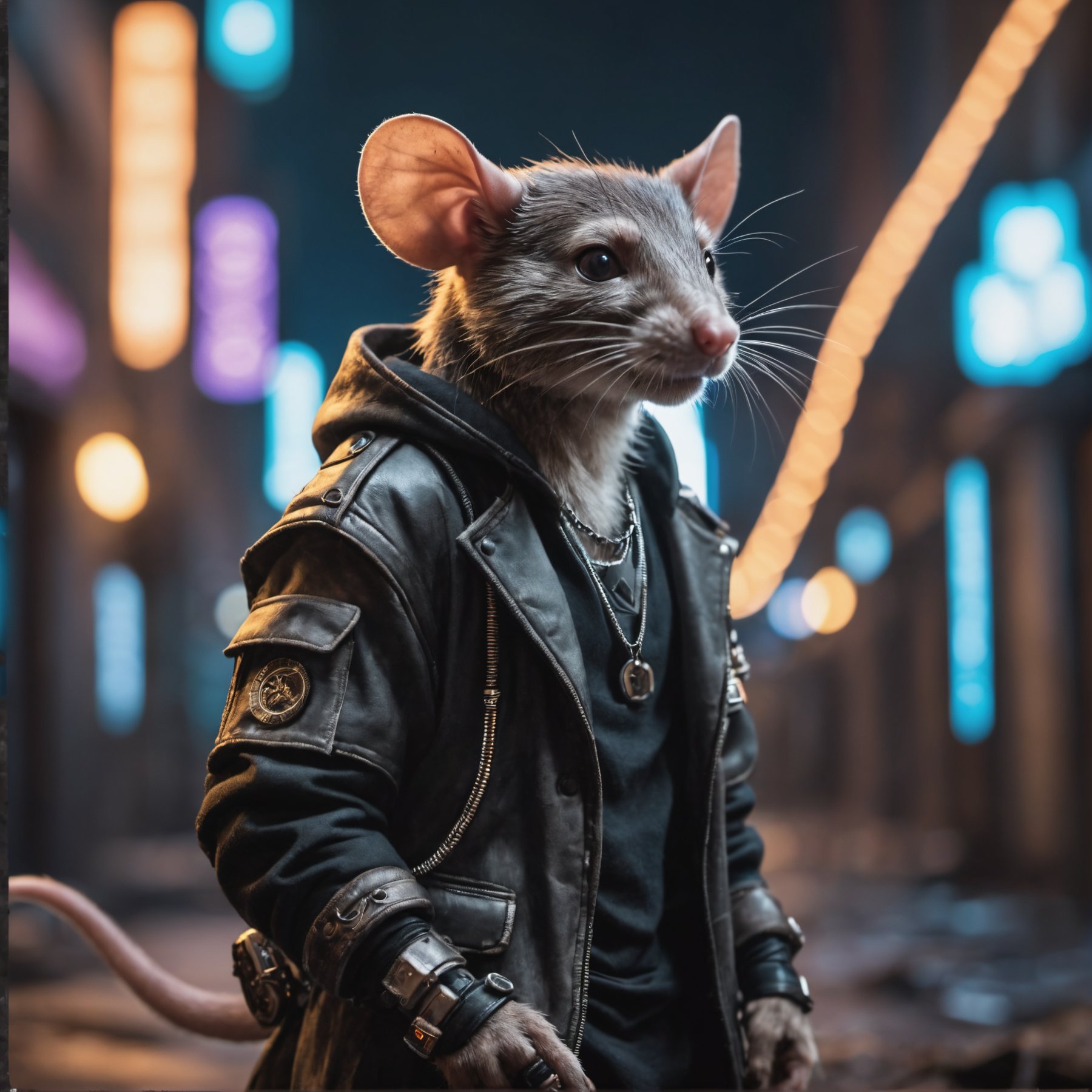 cyberpunk  anthro rat  male wearing cyberpunk outit in a destroyed city . shallow depth of field, vignette, highly detailed, high budget, bokeh, cinemascope, moody, epic, gorgeous, film grain, grainy, high quality photography, 3 point lighting, flash with softbox, 4k, Canon EOS R3, hdr, smooth, sharp focus, high resolution, award winning photo, 80mm, f2.8, bokeh