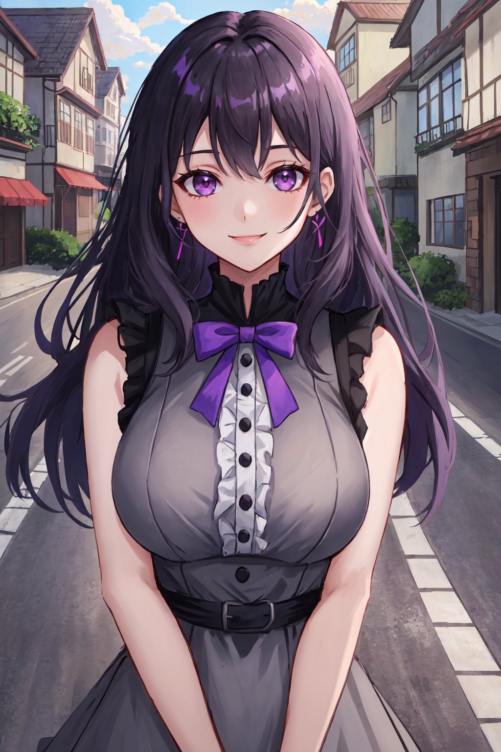 masterpiece, best quality, 1girl, smile, outdoors, houses, road, large breasts, upper body, grey dress, bow, frills, sleeveless, ribbons, black long hair, purple eyes, looking at viewer, extremely detailed, 32K UHD, absurdres, super-resolution, Canon EOS MARK IV, 