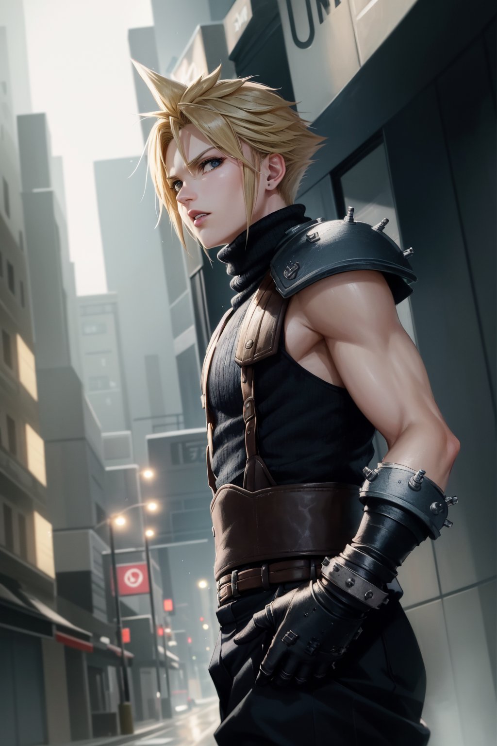 masterpiece, best quality, cloud strife, shoulder armor, sleeveless turtleneck, suspenders, belt, gloves, bracer, baggy pants, cowboy shot, looking at viewer, dystopian city, nighttime, chiaroscuro shading, walking, from side <lora:cloudstrife-nvwls-v1-000010:0.9>