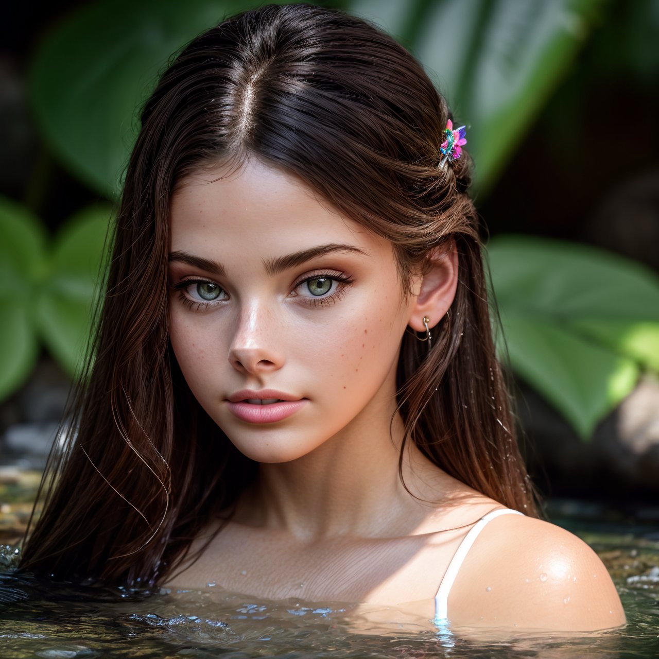 best quality, view from above, close up portrait of stunning (AIDA_LoRA_MeW2016:1.15) <lora:AIDA_LoRA_MeW2016:0.85> in a one peace bathsuit sitting on the stones in a tropical garden with a waterfall behing her, water, wet, little girl, pretty face, open mouth, intricate pattern, studio photo, studio photo, kkw-ph1, (colorful:1.1)