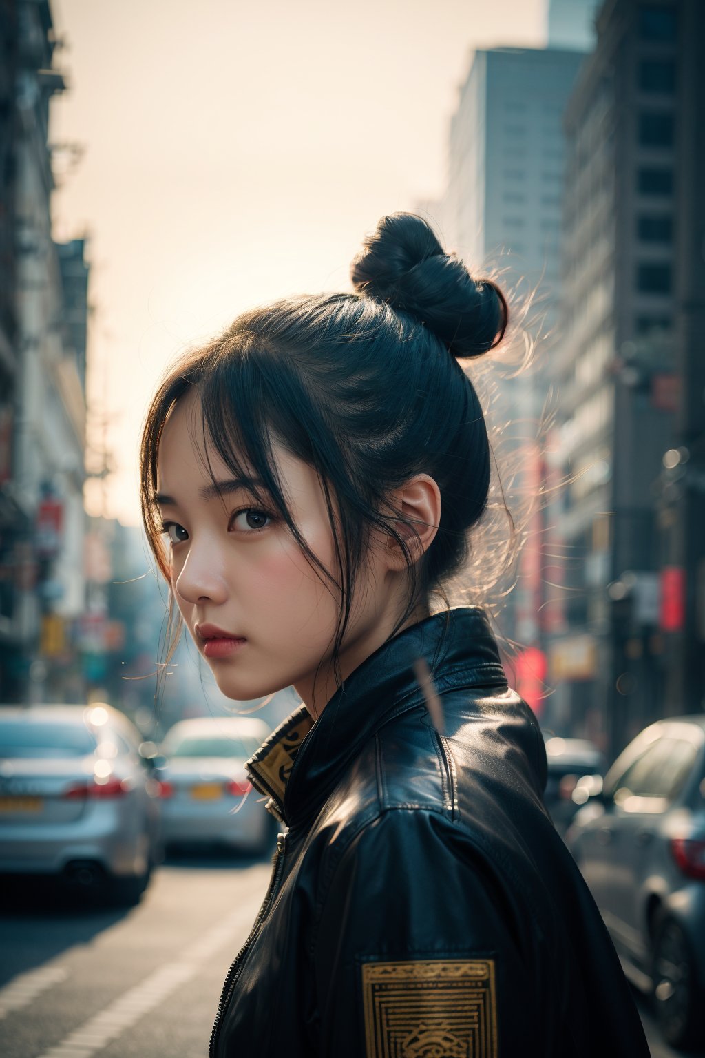 portrait of cute chinese woman,  bun hair,  glare pose,  jacket,  detailed,  intricate,  full of colour,  cinematic lighting,  focused,  extreme details,  (dirt on skin)