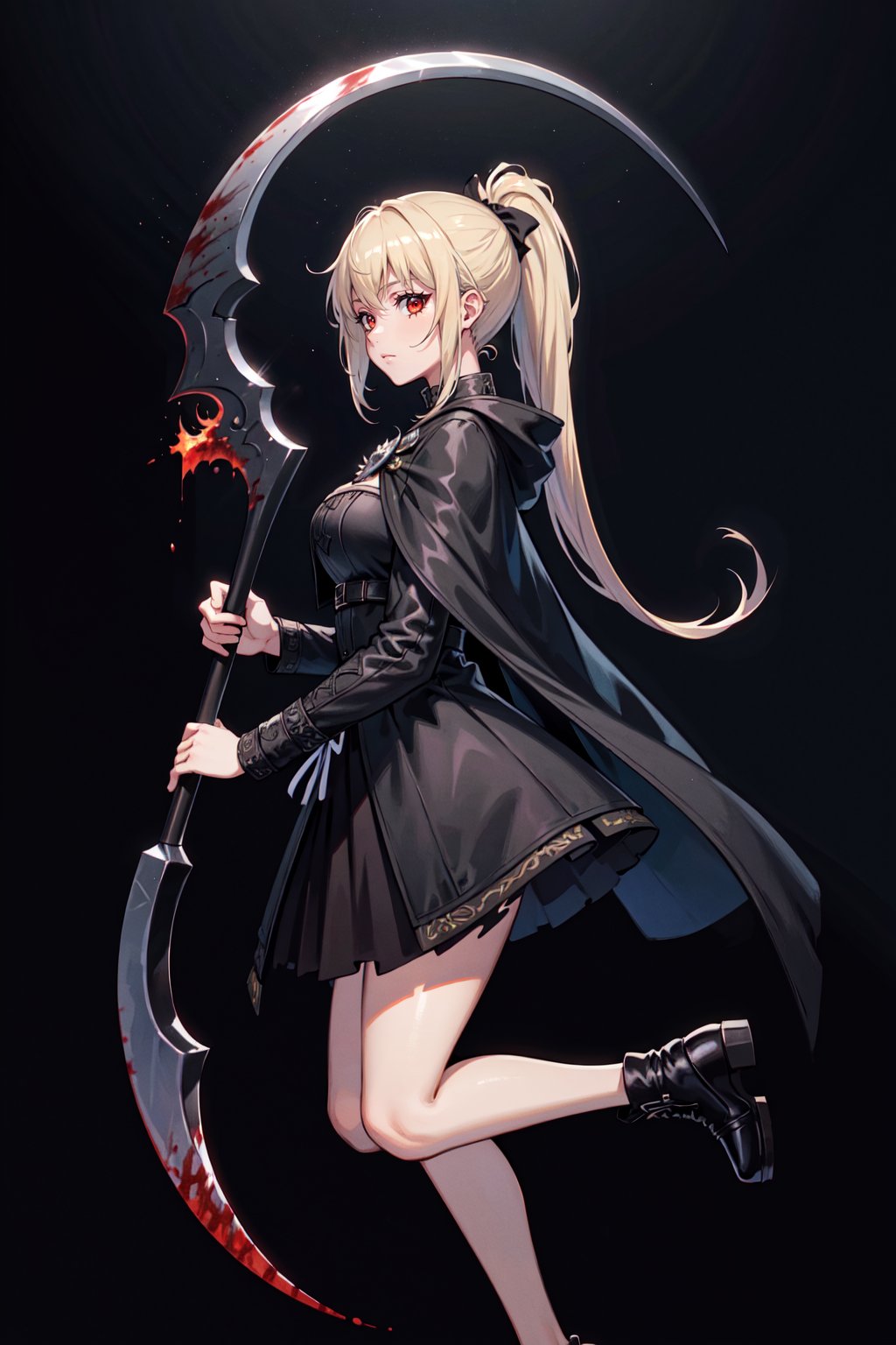 best quality, highres, absurdres, full body, (ultra-detailed:1.1025), ), little girl, patent drawings, dark theme, 1girl, silver hair, high ponytail, red eyes, reflection, night, from side, action, jumping, cold, blonde hair, bare legs, torn clothes, gradient background, ash, flying ash, dust, stationery, (, solo, ), cohesive background, (, character sheet, ), thin, full body, long dress, flying, scythe, big scythe, black fire, black flame, white flame, cold, ice, gothic, scythe, big scythe, monster, huge weapon, weapon, (, (best quality), ), (, (masterpiece), ), (, (ultra-detailed), ), (, illustration, ), (, detailed light, ), (, an extremely delicate and beautiful, ), (, (a beautiful girl:1.4), ), (, (cowboy shot), ), (, (standding), incredibly_absurdres, wallpaper, highres, artbook, death, ((Death Scythe)), Scythe, cloak, black background, bone, Monster, saint-like, Frightening, Perfect weapon, Death, Death, Death darksouls, blood stain, bloodborne, dark, (masterpiece), (best quality), (super delicate), (best illustration), (an extremely delicate and beautiful), (intricate detail), (depth of field), (extremely detailed), extremely detailed, 32K UHD, absurdres, super-resolution, Canon EOS MARK IV