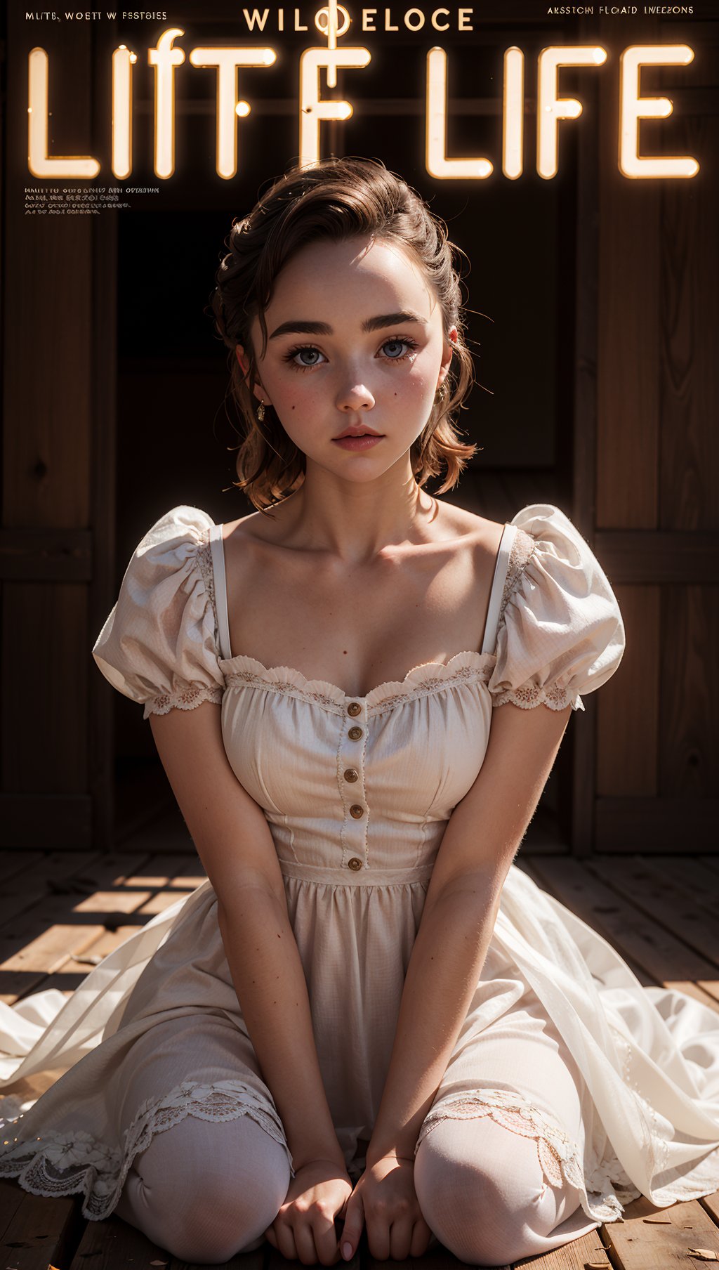 FlorencePugh,Parisienne dress,feminine pose,well-lit wooden structure,abandoned Wild West ghost town,late afternoon,colorful red orange yellow light,very emotional camera angle,medium format camera,in the style of (Life Magazine),