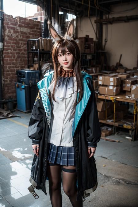 best quality,masterpiece,realistic,photorealistic,1girl,solo,looking at viewer,smile,standing,cowboy shot,amiya cosplay costume,amiya,arknights,cosplay,long hair,brown hair,hair between eyes,rabbit ears,shirt,plaid skirt,pleated skirt,hooded jacket,coat,long sleeves,clothes writing,frilled ascot,anklet,thighlet,multiple rings,pantyhose,black pantyhose,ruins,factory ruins,factory,dark,(factory interior background:1.5),<lora:Arknights_Amiya_cosplay_v1:0.7>,<lora:add_detail:0.6>,<lora:Background_Detail_v3:1.5>,