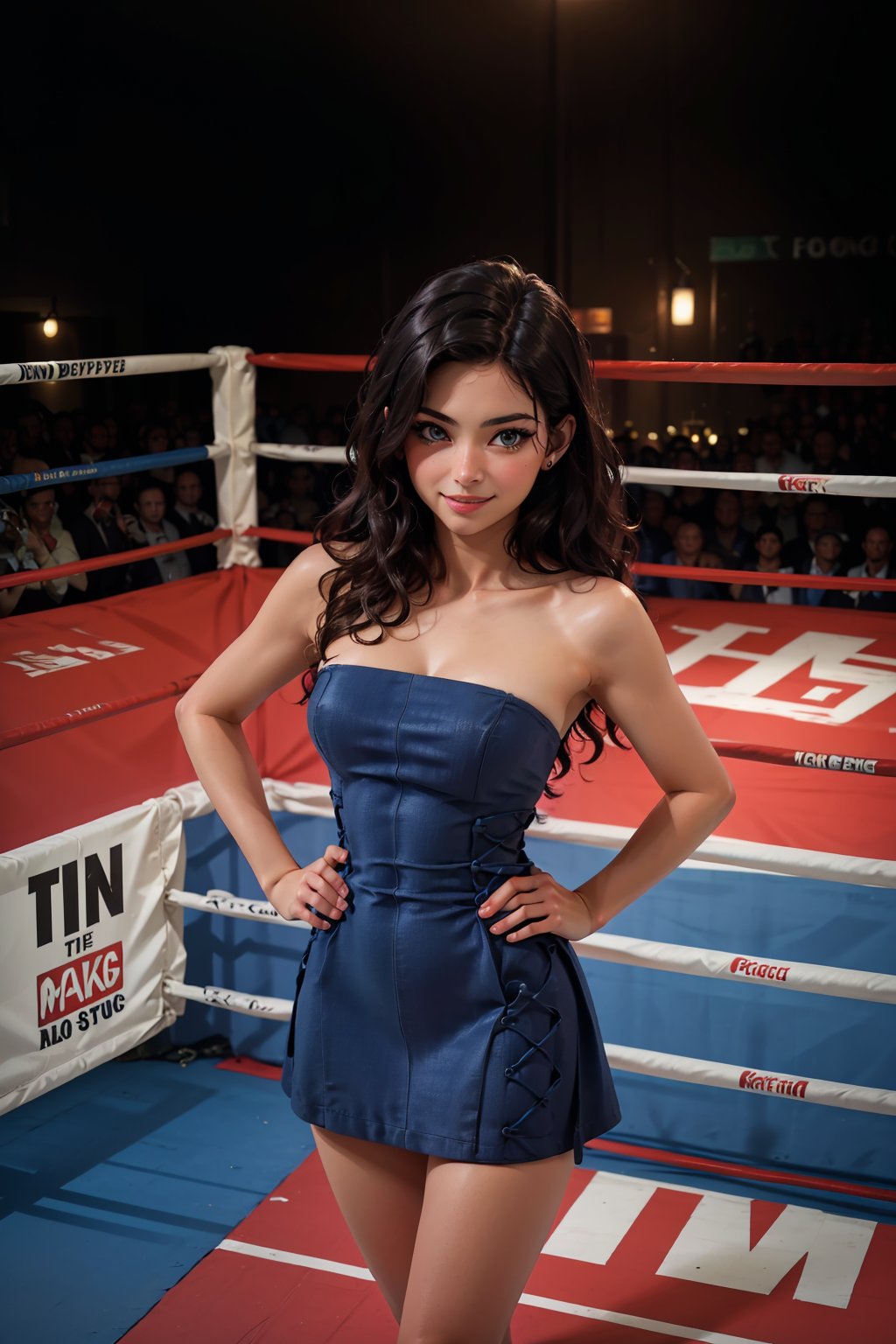 absurdres,  highres,  ultra detailed,  extremely detailed fine touch,  (ultra detailed 1girl),  model,  woman,  Bzjersy,  bare shoulders,  strapless dress,  blue dress,  black hair,  BREAK,  creative design,  colorful patterns,  standing,  (hand on hip),  in a boxing ring,  surrounded with crowd,  from above,  smile,  (perfect anatomy),<lora:EMS-276180-EMS:0.700000>