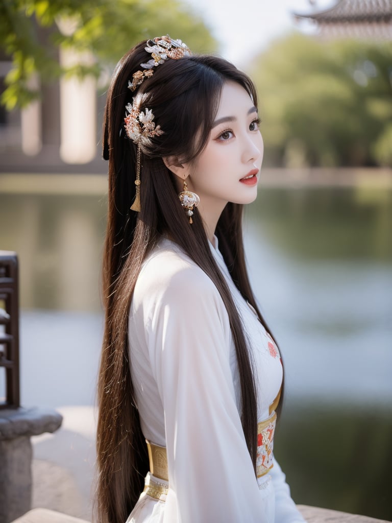 masterpiece, best qualityhongchen, 1girl, solo, brown hair, looking at viewer, jewelry, earrings, hair ornament, outdoors, long hair, parted lips, brown eyes, realistic, chinese clothes, long sleeves, upper body, from side, lips,