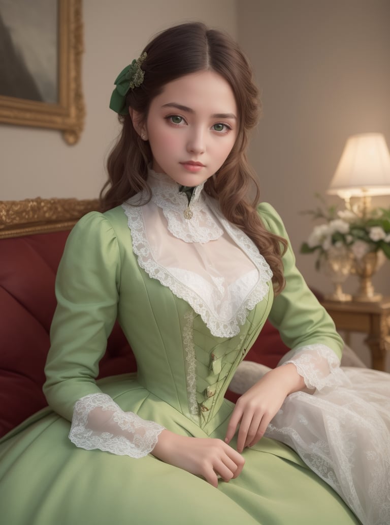 8k, masterpiece, highly detailed, high quality,1girl, wearing a green (victorian dress), <lora:victorian_dress-SD-2.0:1>seductive smile, head tilt, reclining, 