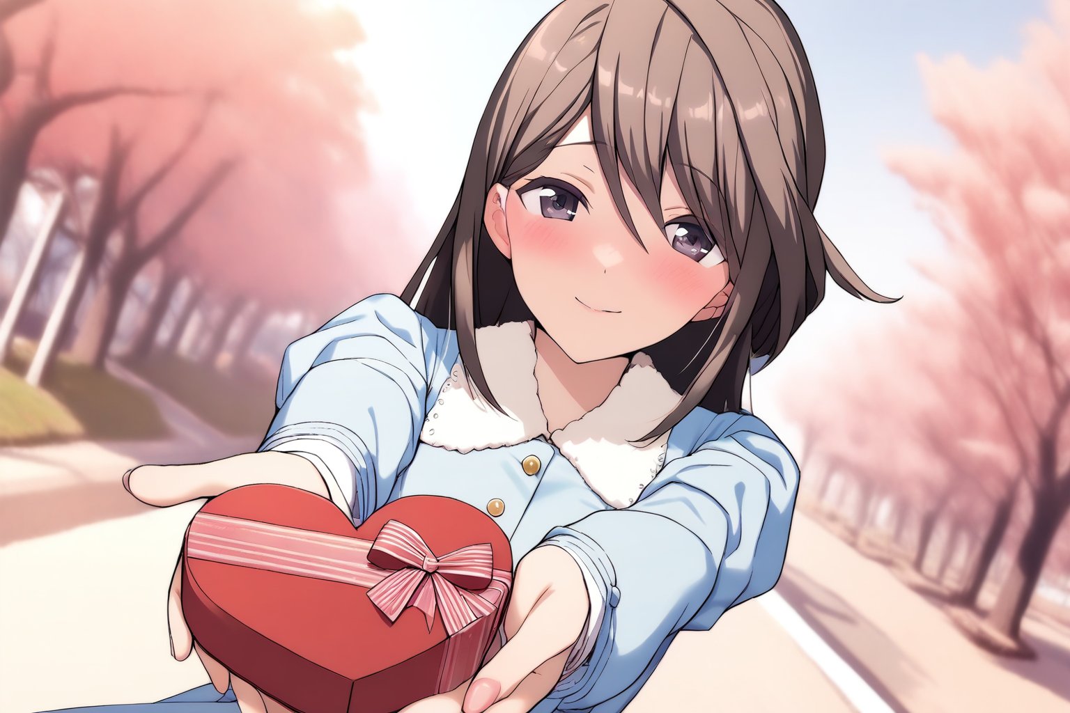1girl, kotori, memories off 8, blue dress, dresskotori, valentine, incoming gift, heart-shaped box,upper body,solo,looking at viewer, light smile,blush, heart, holding, outdoors,masterpiece, best quality,aesthetic,newest<lora:EMS-339019-EMS:1.000000>, <lora:EMS-367349-EMS:0.800000>