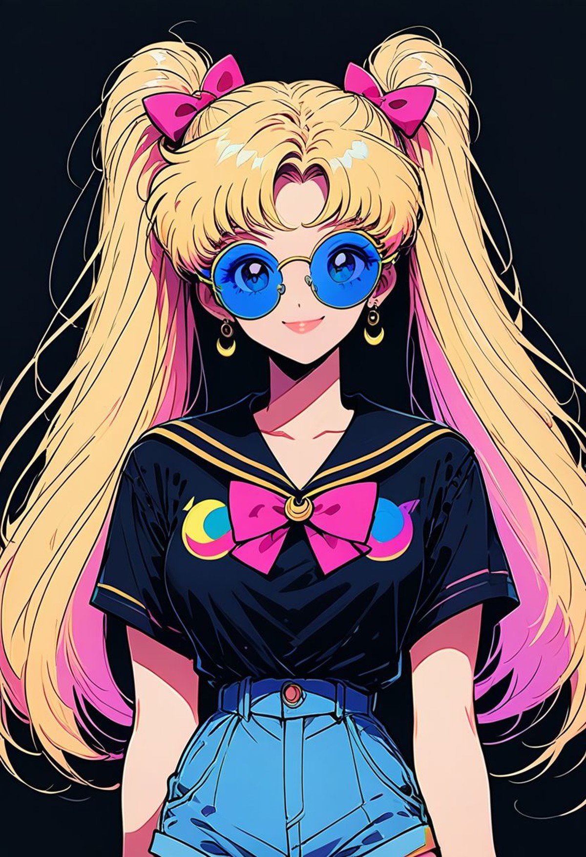 score_9, score_8_up, score_8, medium breasts, (curvy), cute, eyelashes,       sailor moon,  1girl, solo, long hair, looking at viewer, bangs, blue eyes, blonde hair, shirt, bow, twintails, jewelry, very long hair, pink hair, short sleeves, hair bow, multicolored hair, cowboy shot, earrings, glasses, shorts, black shirt, short shorts, sunglasses, pink bow, black background, t-shirt, blue shorts, round eyewear, arms at sides, shirt tucked in, print shirt, tinted eyewear, high-waist shorts, smile,zPDXL,