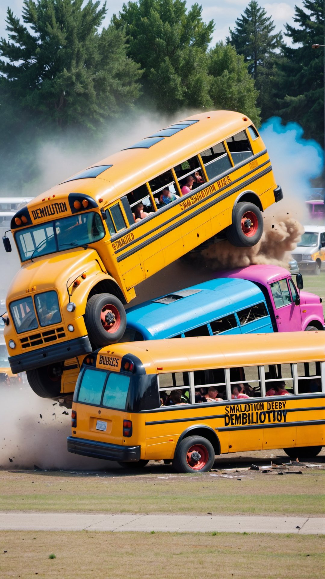 School buses in a demolition derby smashing into each other.