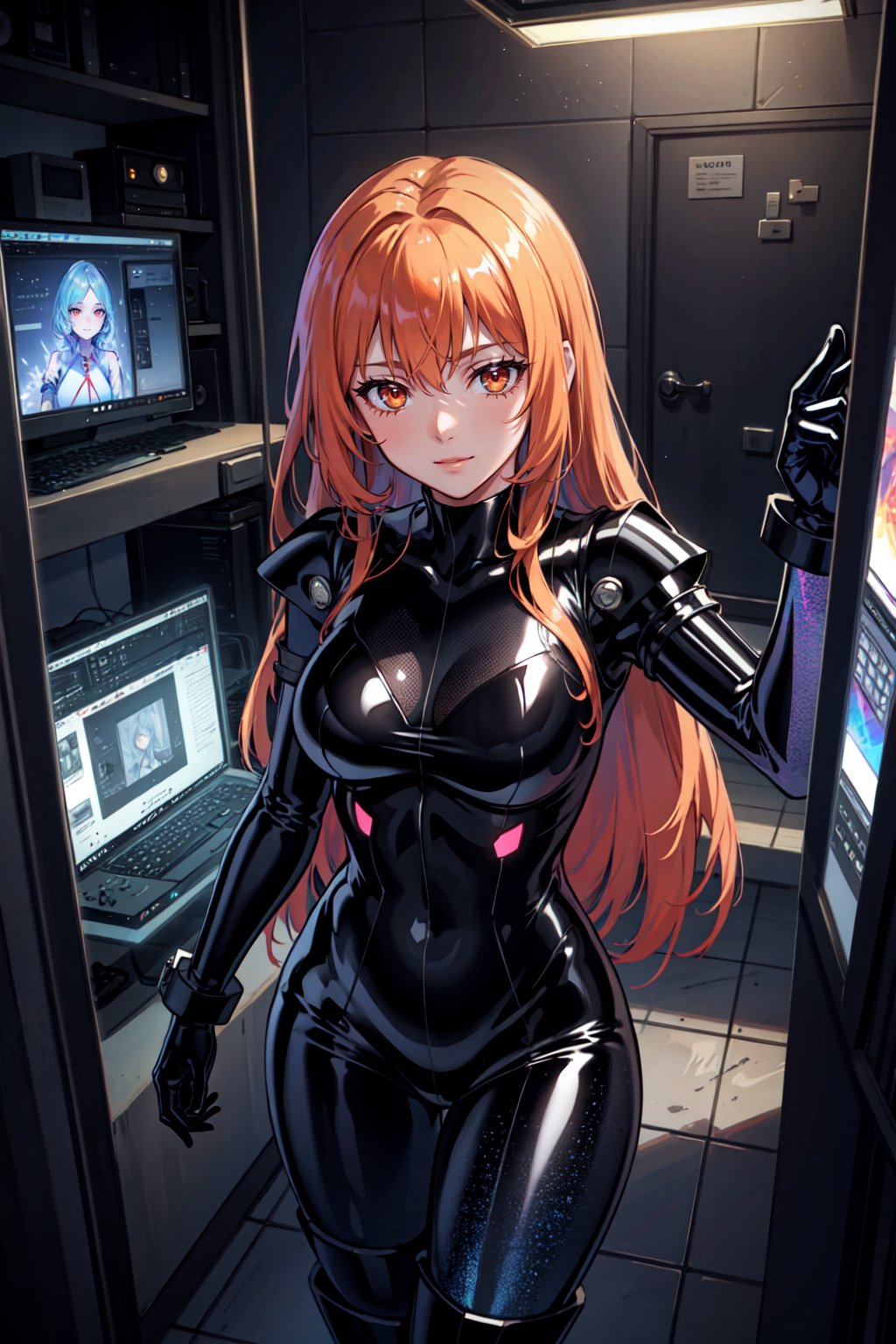 upper body, 1girl, (complex ultra detailed of a demon woman, medium breasts, muscles, (wearing see-through holographic prismatic latex exoskeleton longpao :1.5)), (solo) (1girl), (beautifully drawn face:1.2), intricate details, glowing red eyes [boku no hero academia], evil smile, (orange hair very long hair hime cut:1.3), dynamic pose, BREAK(dynamic pose  in vast complicated bathtub full of computers and wires and screens and machinery, user interface heads-up display, glass tube laboratory:1.3) military sunkiller BREAKillustration, ((masterpiece:1.2, best quality)), 4k, ultra detailed, octane render, directional lighting, realistic shadows, volumetric lighting, highly detailed, high quality, solo, (sketch:1.2) (style-keta:0.78), (qrx:0.51),  dark studio, rim lighting, two tone lighting, dimly lit, low key,, extremely detailed, 32K UHD, absurdres, super-resolution, Canon EOS MARK IV
