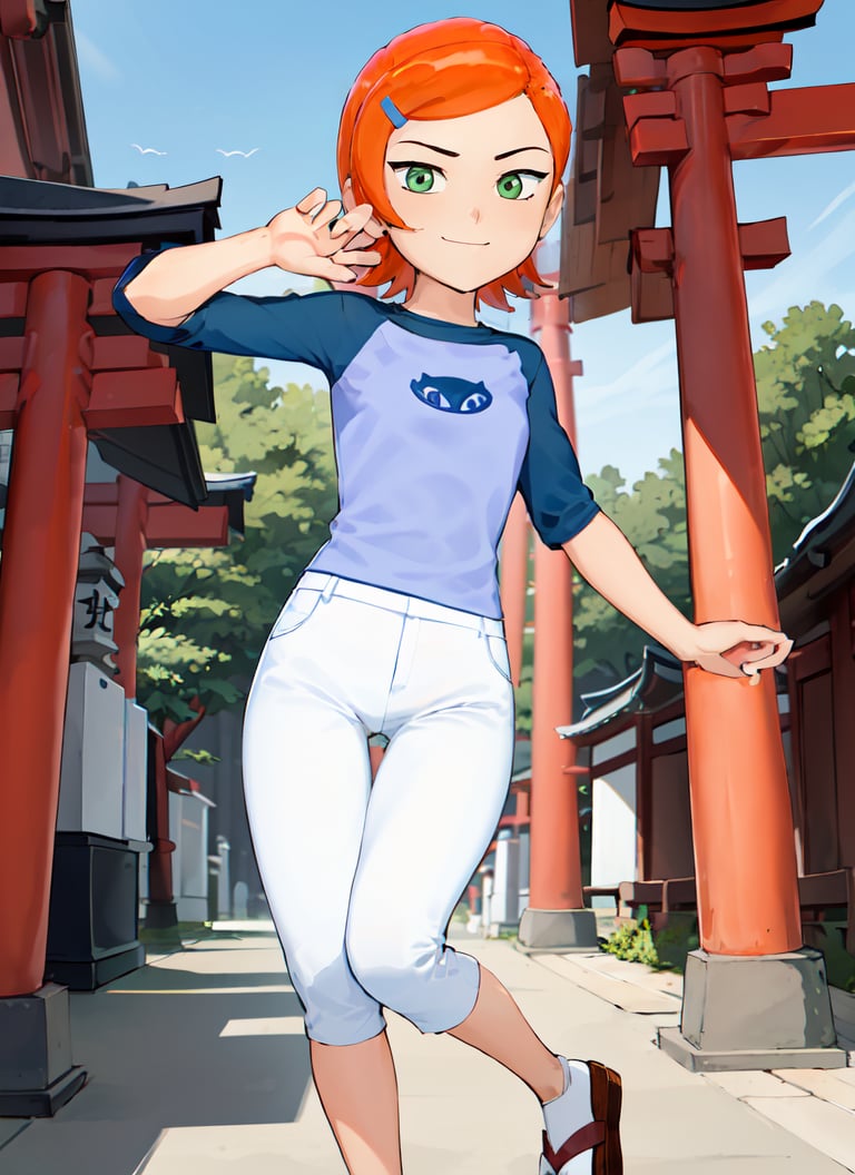 ((best quality)), ((highly detailed)), masterpiece, absurdres, detailed face, beautiful face, (detailed eyes, deep eyes), (1girl), dynamic pose, full body, <lora:Gwen-10_idk:.7>, gwen, hairclip, smiling, blue shirt, raglan sleeves, white pants, (outdoors, at a Japanese temple, torii, stone lanterns, noon)