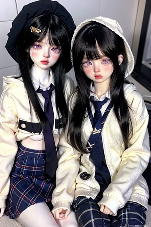 long hair, looking at viewer, bangs, multiple girls, skirt, blonde hair, shirt, black hair, hat, 2girls, sitting, school uniform, purple eyes, jacket, pantyhose, necktie, collared shirt, hood, lips, coat, sleeves past wrists, plaid, hoodie, plaid skirt, animal print, blue necktie, leopard print, EpicDoll, doll<lora:EpicDoll:0.8>