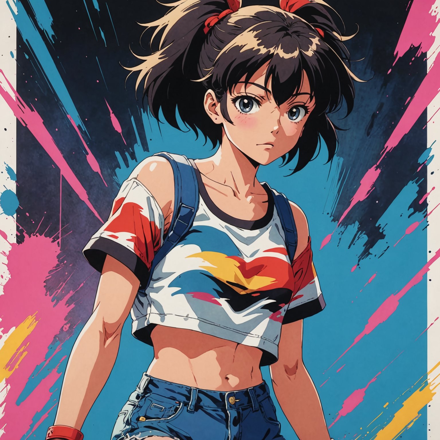 80's anime screencap, girl wearing a cropped top and short shorts, artistic rendition with wide brush strokes, anime comic