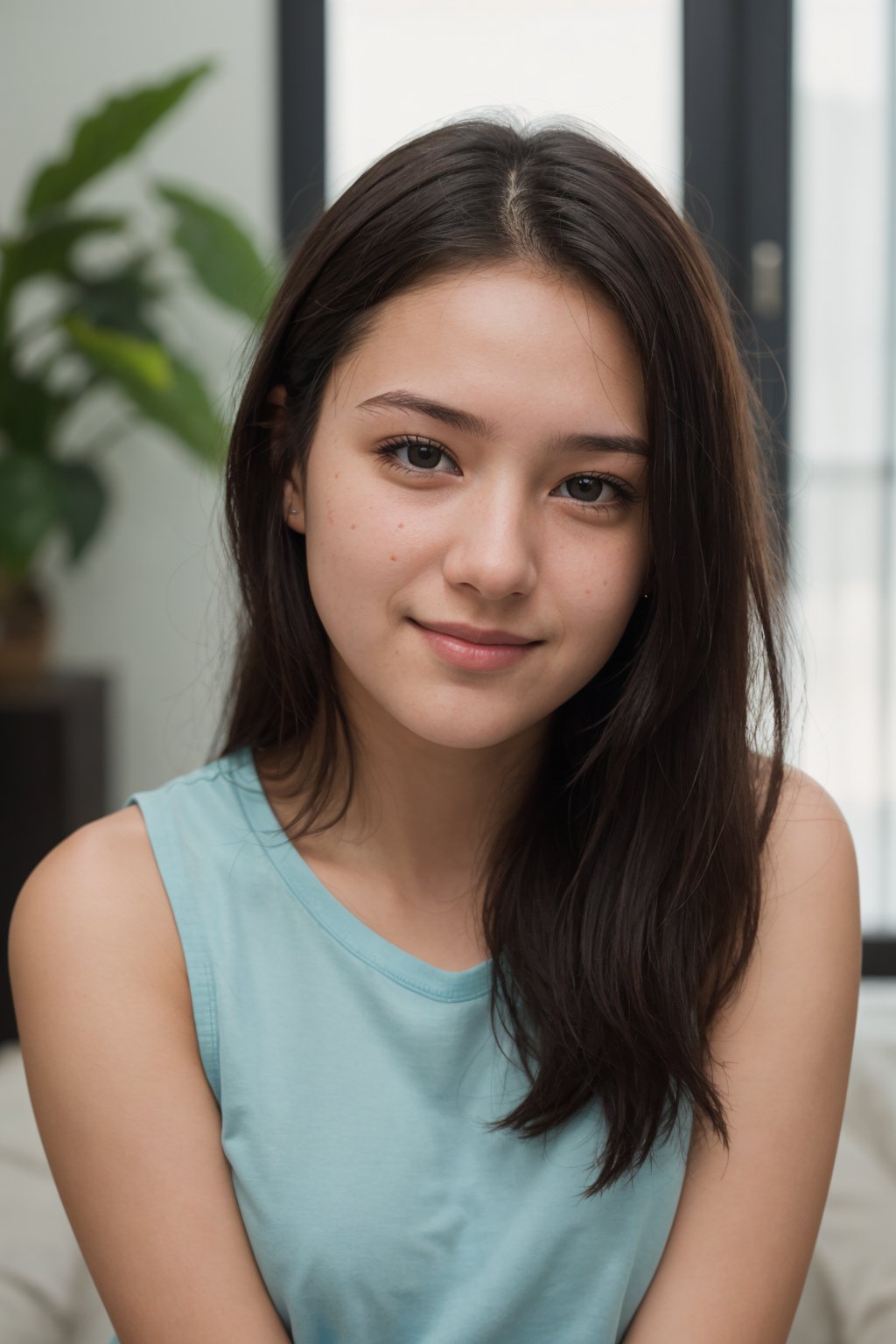photo of a 18 year old girl, forced smile, facing viewer,ray tracing,detail shadow,shot on Fujifilm X-T4,85mm f1.2,depth of field, realistic,